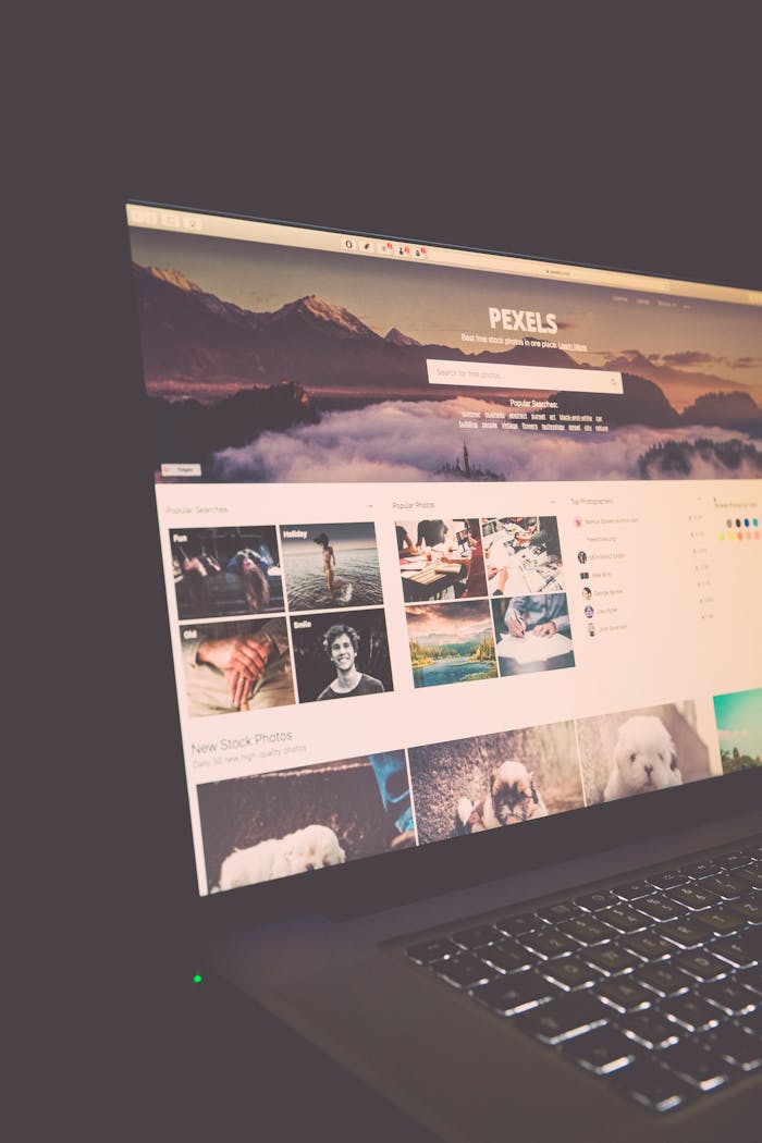 creative-01 Laptop screen showing Pexels website, ideal for stock photo needs.